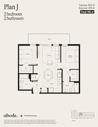 A floor plan for a 2 bedroom, 2 bathroom apartment.