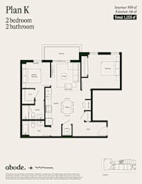 A floor plan for Plan K shows a 2 bedroom, 2 bathroom apartment with a total area of 1,005 square feet.