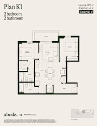 A floor plan for Plan K1 shows a 2 bedroom, 2 bathroom apartment.