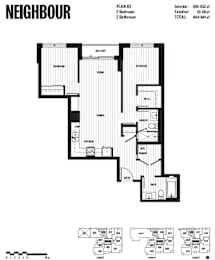 A black and white image of a floor plan for a property named Neighbour, Plan B3, with two bedrooms and two bathrooms.