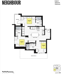 A floor plan of a property named Neighbour shows a layout with a balcony, two bedrooms, a kitchen, and a bathroom.