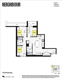 A black and white floor plan for a building named NEIGHBOUR shows a 3 bedroom apartment on PLAN C2.