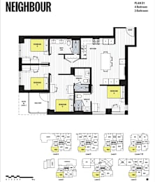 A floor plan for a property called Neighbour shows four bedrooms and three bathrooms.