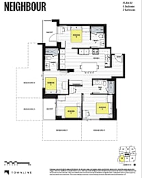 A black and white floor plan for a building named NEIGHBOUR shows the layout of rooms and their locations.