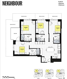 A floor plan for a building named Neighbour shows three bedrooms and a balcony.