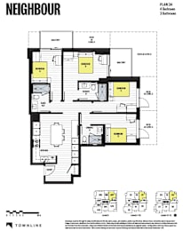 A floor plan for a property by NEIGHBOUR shows a 4 bedroom, 3 bathroom layout.