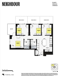 A black and white floor plan for a building by TOWNLINE shows a 4 bedroom apartment.