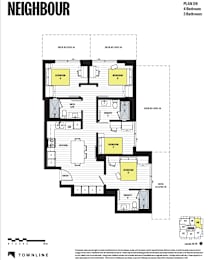 A black and white floor plan for a property by TOWNLINE shows a 4 bedroom, 3 bathroom layout.
