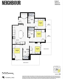 A black and white floor plan for a building named NEIGHBOUR shows a layout with four bedrooms and three bathrooms.
