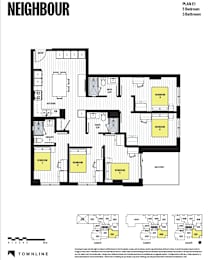 A floor plan for a property called Neighbour shows five bedrooms and three bathrooms.
