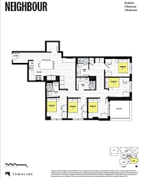 A floor plan of a building named NEIGHBOUR with 5 bedrooms and 3 bathrooms.