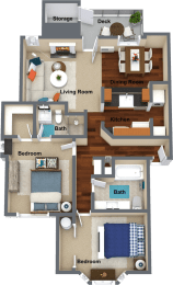 2 bedroom 2 bathroom floor plan 1,027 Sq.Ft. at Graymayre Crossing Apartments, Spokane, 99208