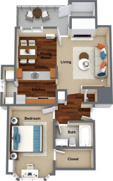 1 bedroom 1 bathroom floor plan A 727 Sq.Ft. at Graymayre Crossing Apartments, Spokane, WA, 99208