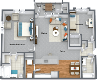 Floor Plan  A floor plan of a house with a deck, two bedrooms, a living room, and a kitchen.