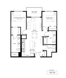 A black and white floor plan of a balcony apartment with a master bedroom, living room, kitchen, bathroom, and laundry room.