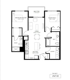 A black and white image of a floor plan for a unit labeled B8.