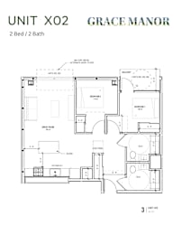 Floor Plan  A floor plan for a 2 Bed/2 Bath unit at Grace Manor.