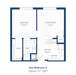 A floor plan of a one bedroom apartment with a kitchen and living room.