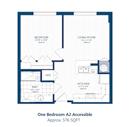 A floor plan of a one bedroom apartment with a bathroom, living room, and kitchen.