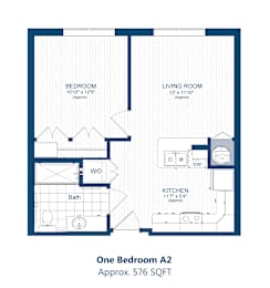A floor plan of a one bedroom apartment with a living room, bedroom, kitchen and bath.