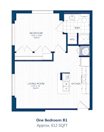 A floor plan of a one bedroom apartment with a living room, kitchen and bath.