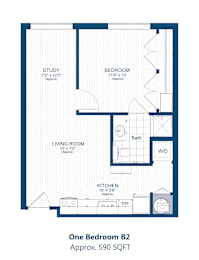 A floor plan of a one bedroom apartment with a study, living room, kitchen and bathroom.