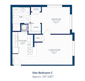 A floor plan of a one bedroom apartment with a kitchen and living room.