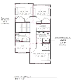 Floor Plan  A floor plan for a 4-0 townhouse with two bedrooms and two bathrooms.