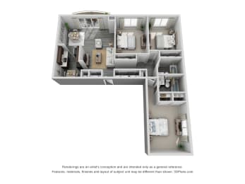 3 Bed 2 Bath Floor Plan at 444 Park Apartments, Richmond Heights, Ohio