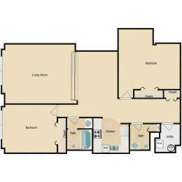 a floor plan of three suites with a large living room and two bedrooms