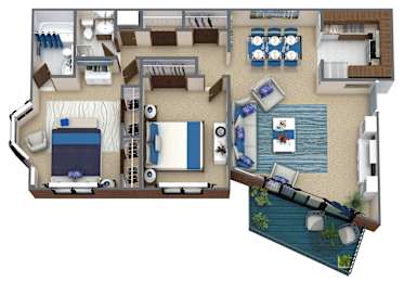 A 3D floor plan of a house with a living room, kitchen, dining room, and bedrooms.