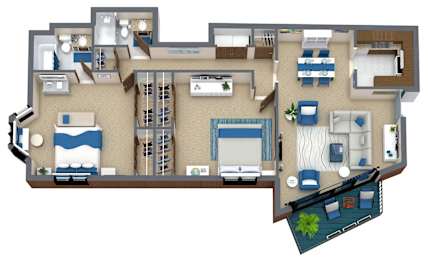 A 3D floor plan of a house with a kitchen, living room, and bedrooms.