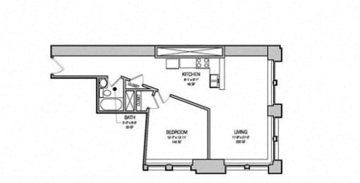 1 Bed 1 Bath Floor Plan  at East 4th Street, Cleveland, 44115