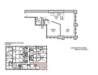 a floor plan of a building with a red line on it