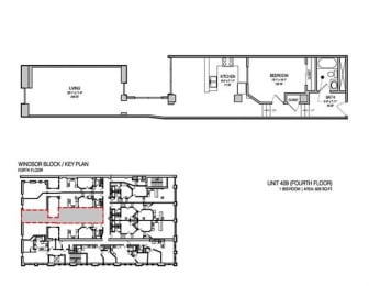 a floor plan of a house with a red line in the middle of it