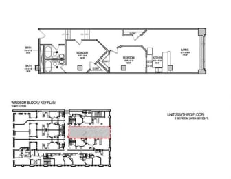 a floor plan of a building with a red line in the middle of it