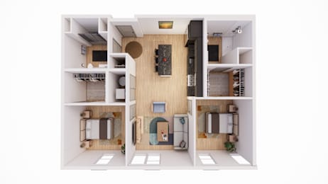 A top down view of a small apartment with a kitchen, living room, and two bedrooms.