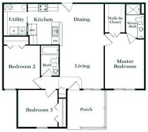 A floor plan of a house with a living room, dining room, kitchen, and three bedrooms.