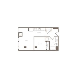 A floor plan of a small apartment with a kitchen, living room, bedroom, and bathroom.