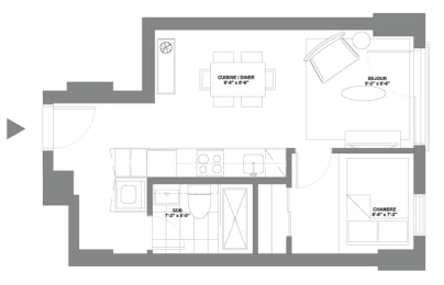 a floor plan of a small apartment with a living room and a dining room