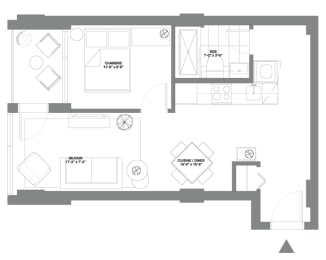 a floor plan of a small house with a bedroom and a living room
