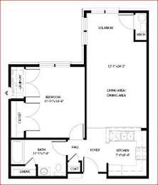 A floor plan of a house with a living area, dining area, kitchen, and bath.