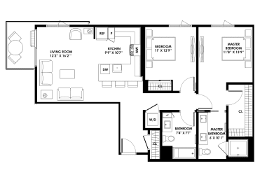 2B-1 Two Bedroom Two Bath Floor Plan with  1,154 Sq. Ft. at Chandler Apartments in North Hollywood, North Hollywood