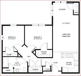 A floor plan of a house with two bedrooms, a living area, a kitchen, a bathroom, a laundry room, and a closet.