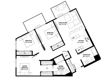 3A-1 Three Bedroom Two Bath Floor Plan with 1,264 Sq. Ft. at Chandler Apartments in North Hollywood, North Hollywood, CA