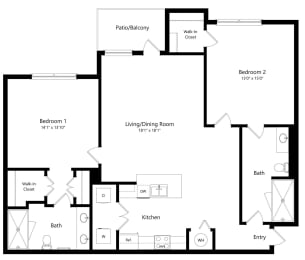 Two Bedroom Floor Plan with 969 Sq. Ft. at The Amalfi Clearwater Luxury Apartments in Clearwater, FL