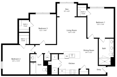 Three Bedroom Floor Plan with 1,288 Sq. Ft. at The Amalfi Clearwater Luxury Apartments in Clearwater, FL