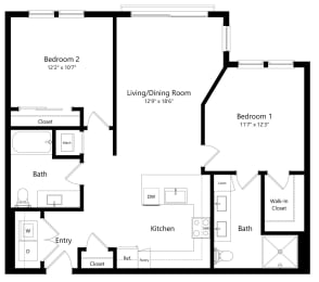 Two Bedroom Floor Plan at Aurora Luxury Apartments in Downtown Tampa FL