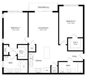 Two Bedroom Floor Plan with 1,112 Sq. Ft. at Azura Luxury Apartments in Kendall FL