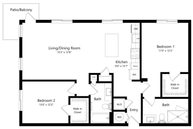 Two Bedroom Floor Plan at Boca Vue Luxury Apartments in Boca Raton, FL